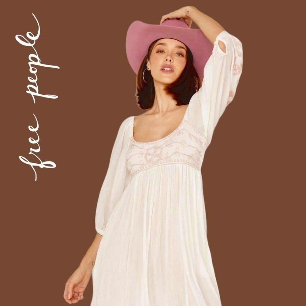 FREE PEOPLE Wedgewood Embroidered Scoop Neck 3/4 Puff Sleeve Maxi Dress/SM NWT - Picture 8 of 16